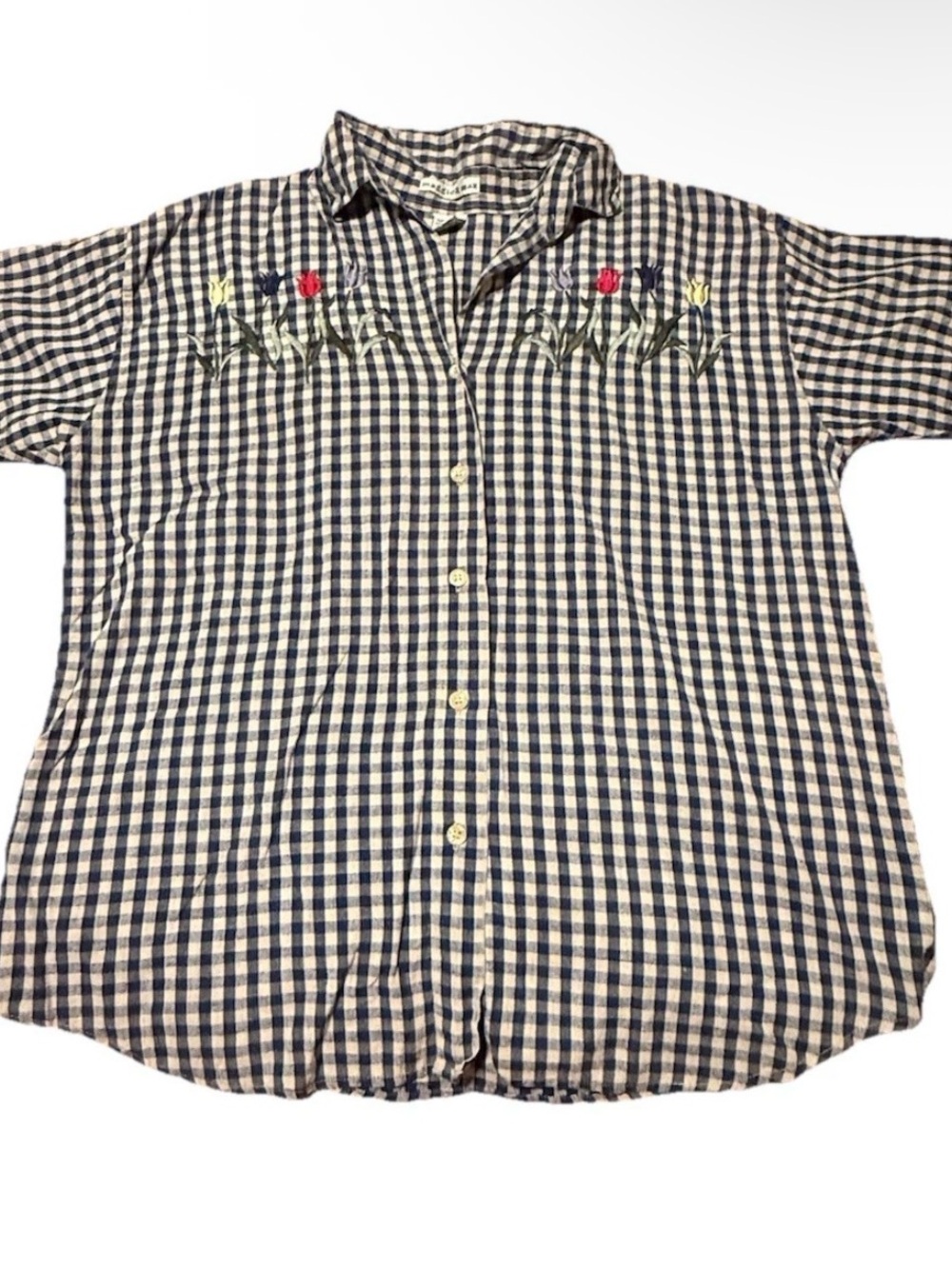 Cottagecore Maggie & Max Women PM Blue Gingham Floral 100% Cotton Camp Shirt